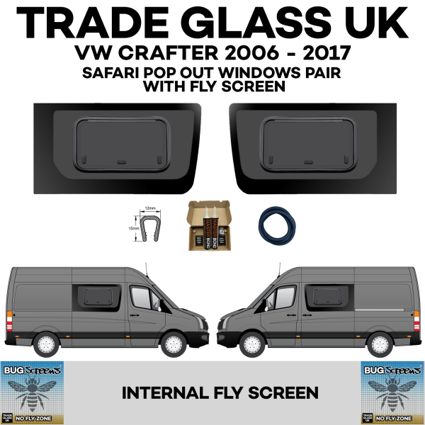 trade glass uk vw crafter old shape 2006 2017 safari pop out large window driver passenger both bug screens