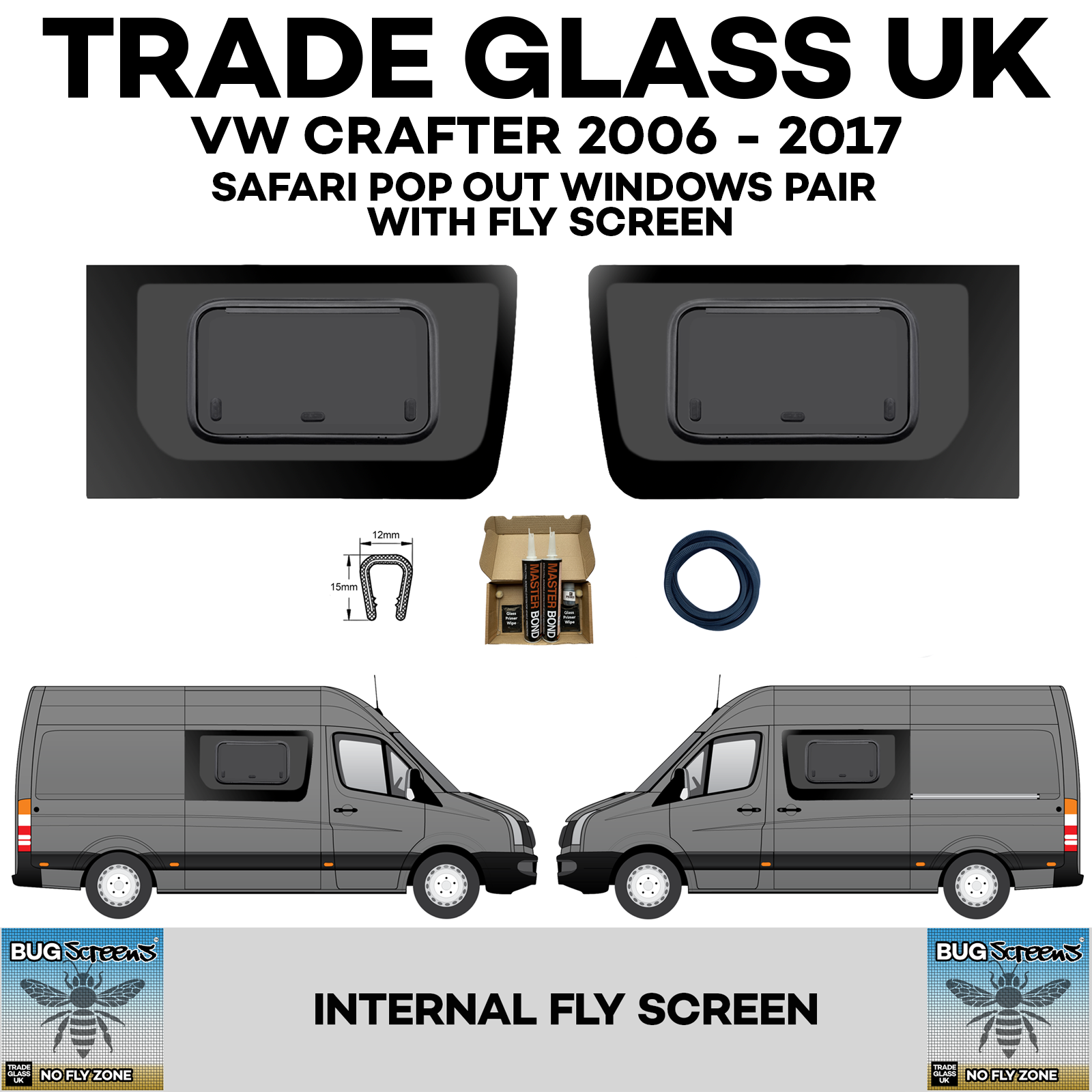 vw crafter old shape 2006 2017 safari pop out large window driver passenger both bug screens