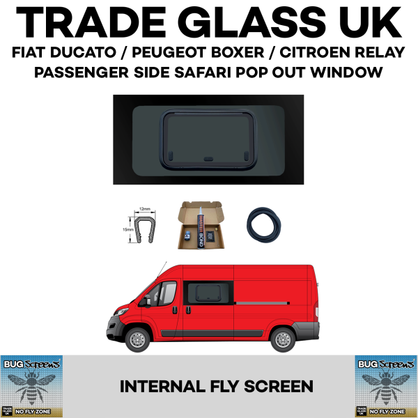 trade glass uk fiat ducato citroen relay peugeot boxer large pop out window passenger built in fly screen bug screens