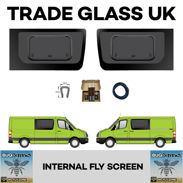 trade glass uk vw sprinter mercedes crafter mwb lwb 2006 2017 old pop out window large passenger driver both built in fly screen bug screens